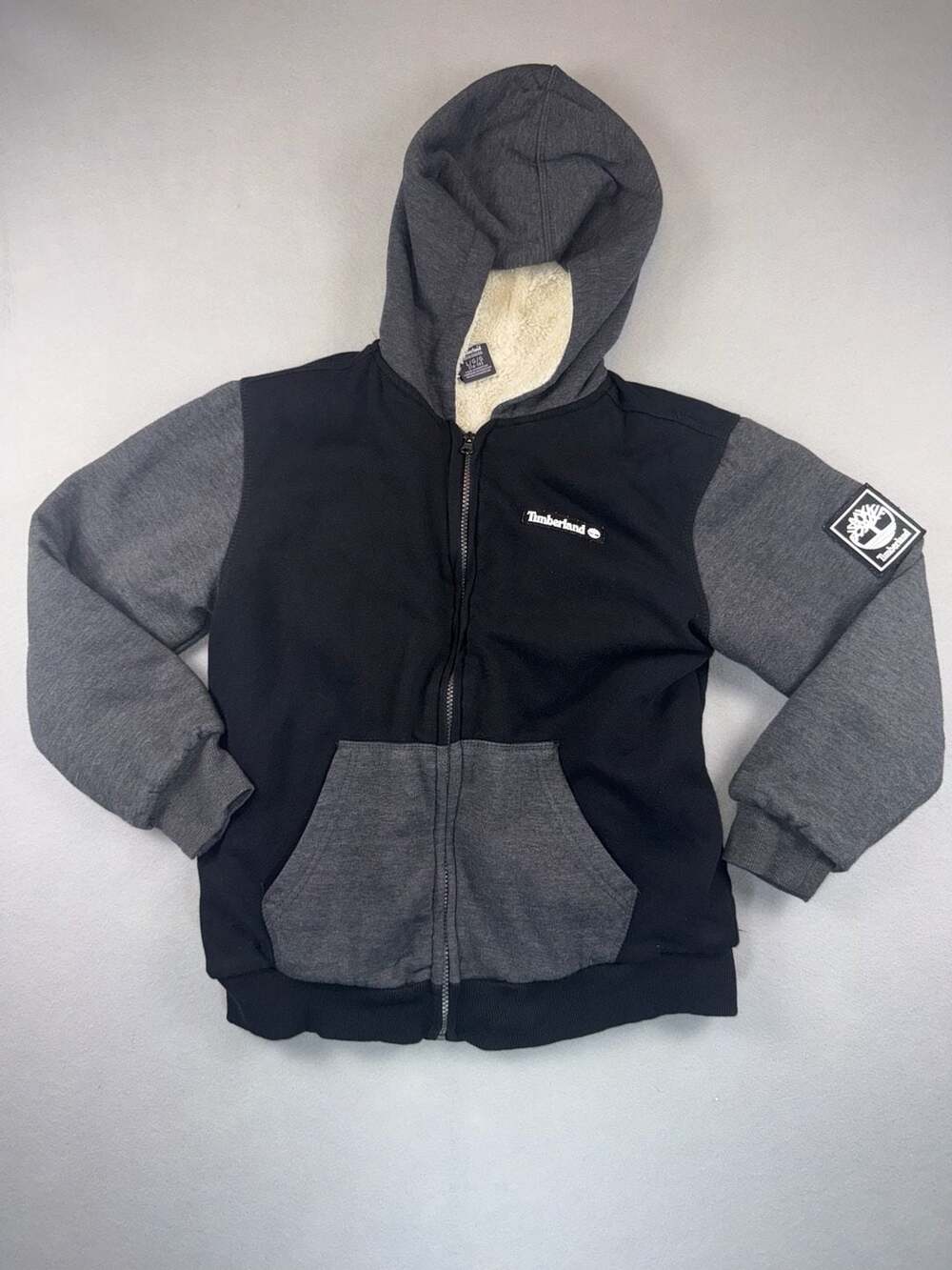 Timberland Boys Sherpa Lined Full Zip Hoodie Size L 14-16 Black Gray